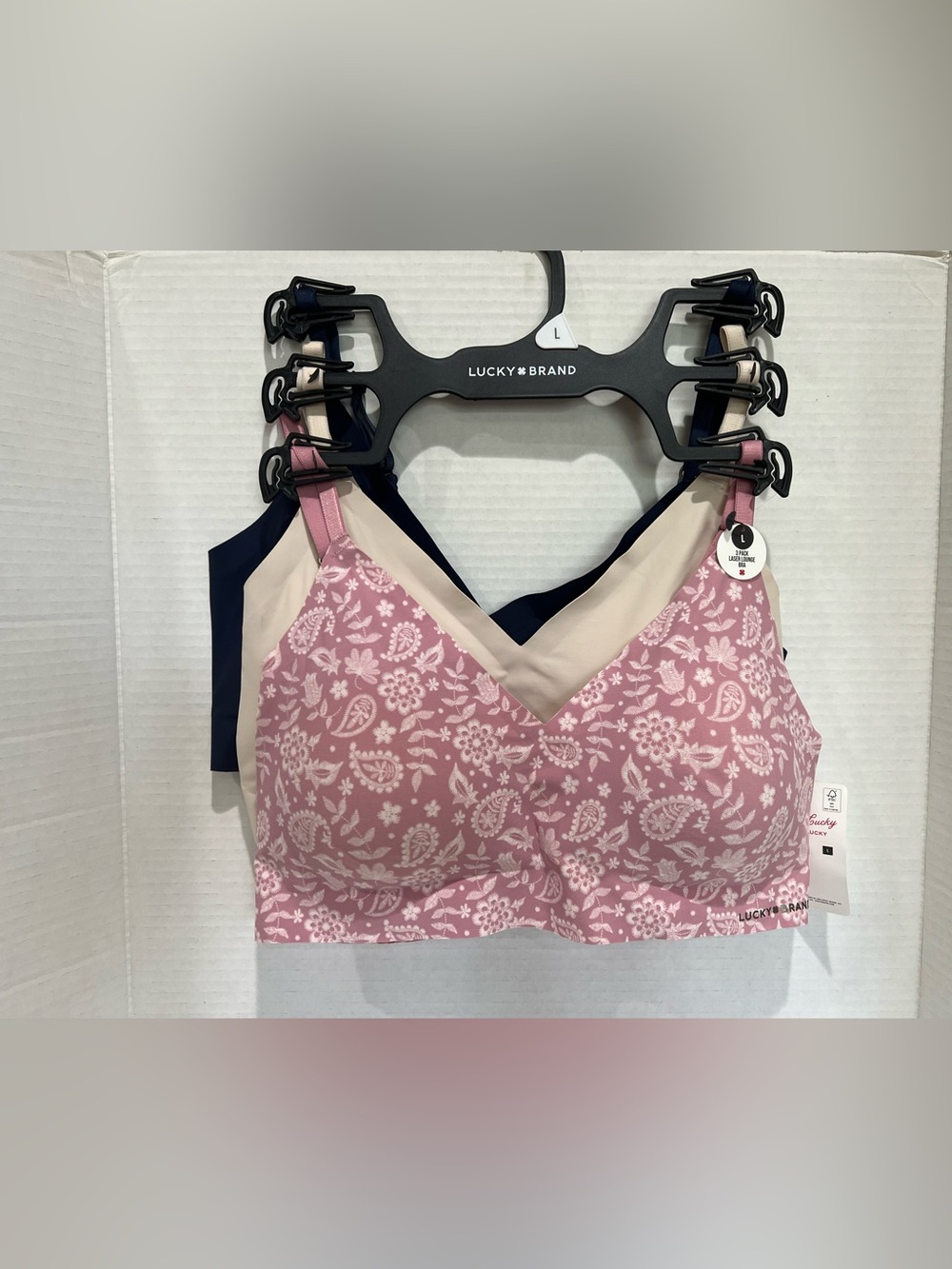 3-Pack LUCKY BRAND Laser Cut Lounge Bras w/Removable Pads Multicolor LARGE NEW
